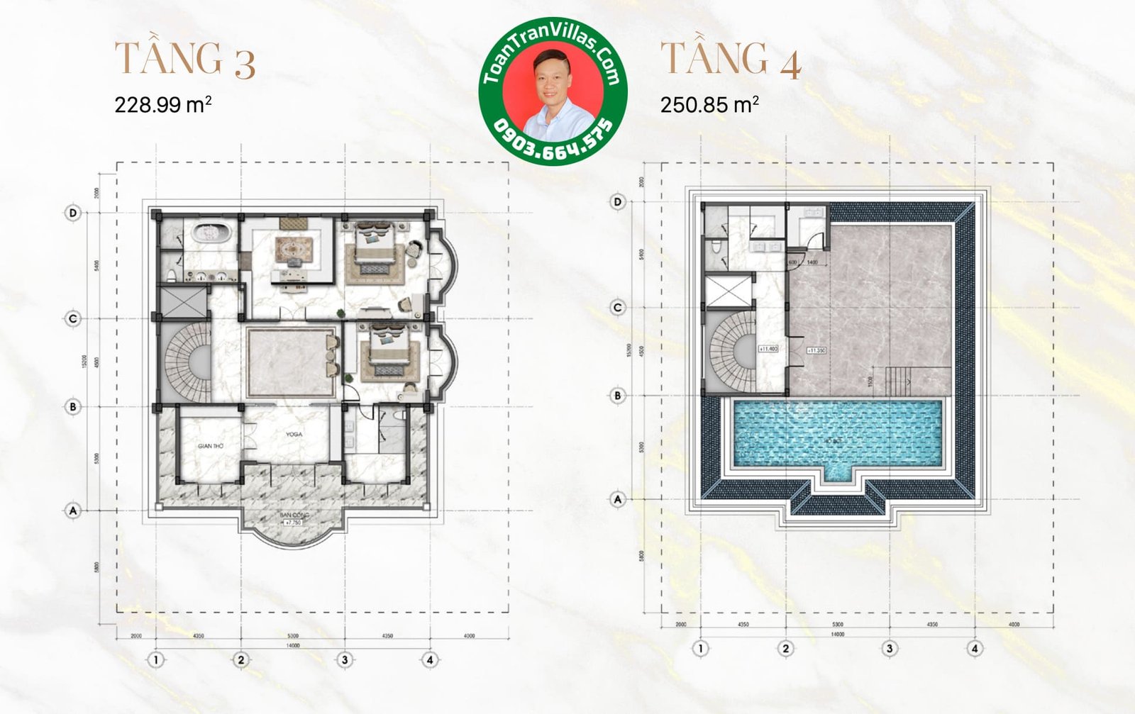 Mặt bằng tầng ba, tầng bốn và hồ bơi mái biệt thự đơn lập A5