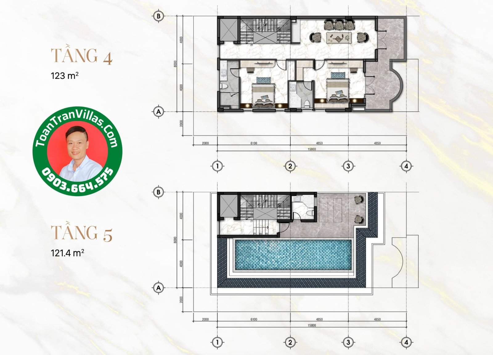 Mặt bằng tầng bốn và tầng năm biệt thự song lập B5 The Mansion