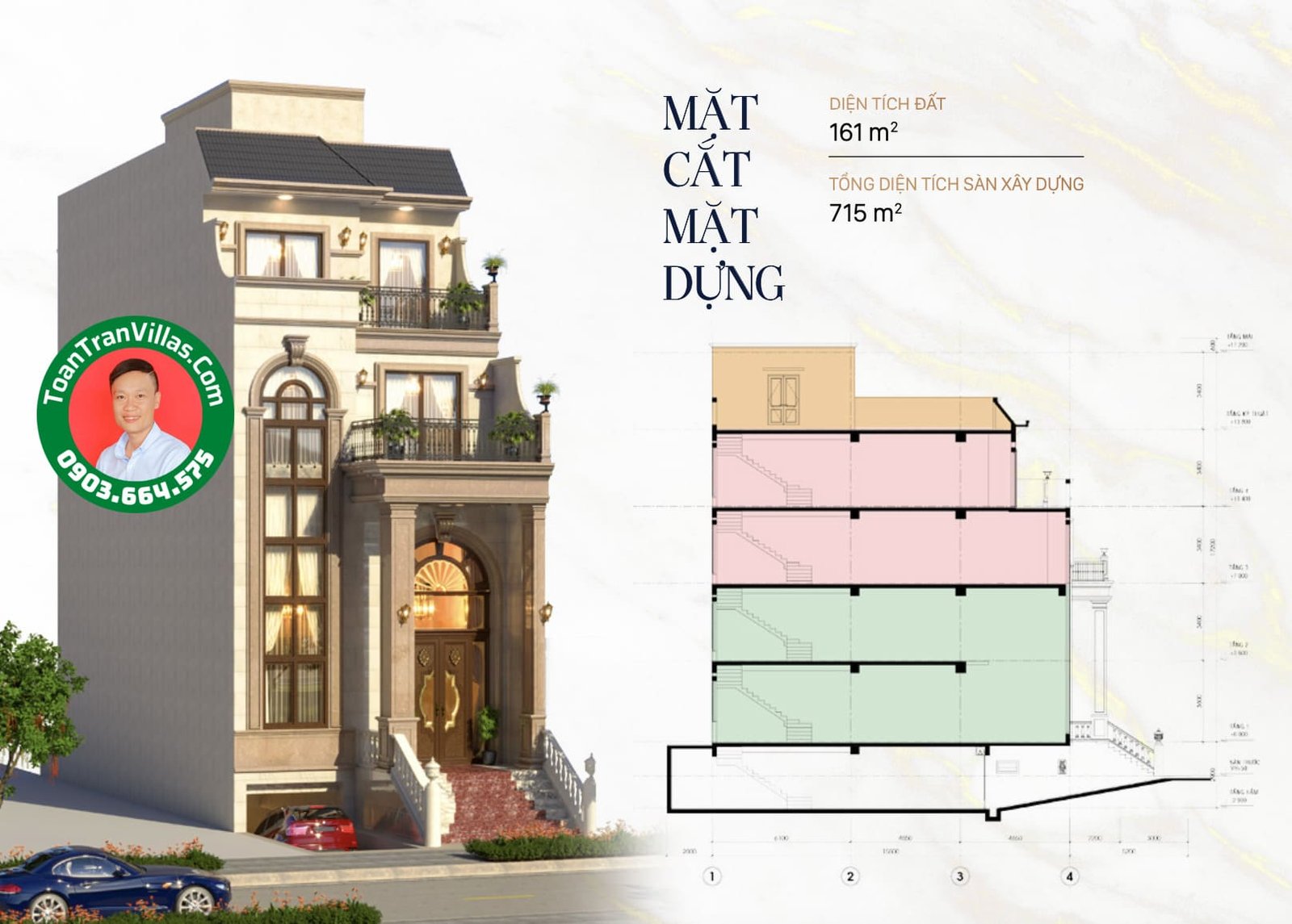 Mặt cắt và mặt đứng mẫu nhà Sunlake 7x23m, diện tích đất 161m2