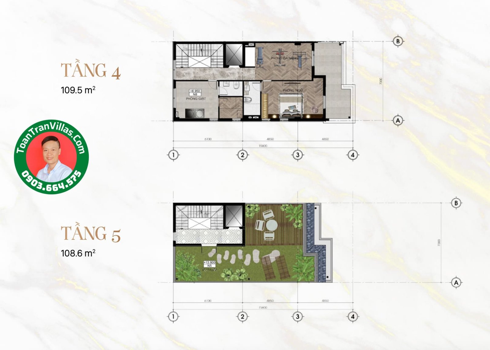 Mặt bằng tầng bốn và tầng năm mẫu nhà Sunlake 9x23m