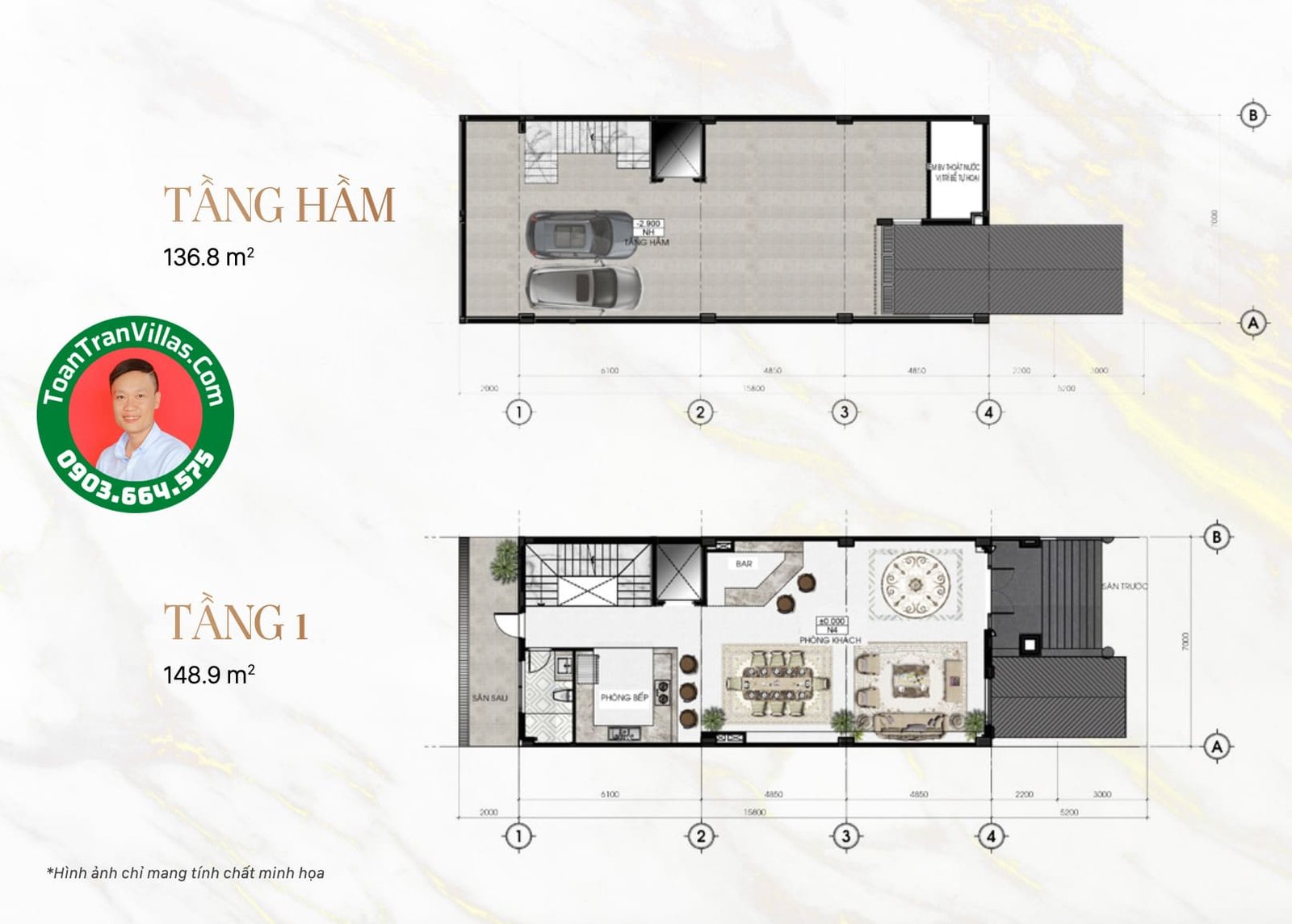Mặt bằng tầng hầm và tầng một mẫu nhà Sunlake 7x23m