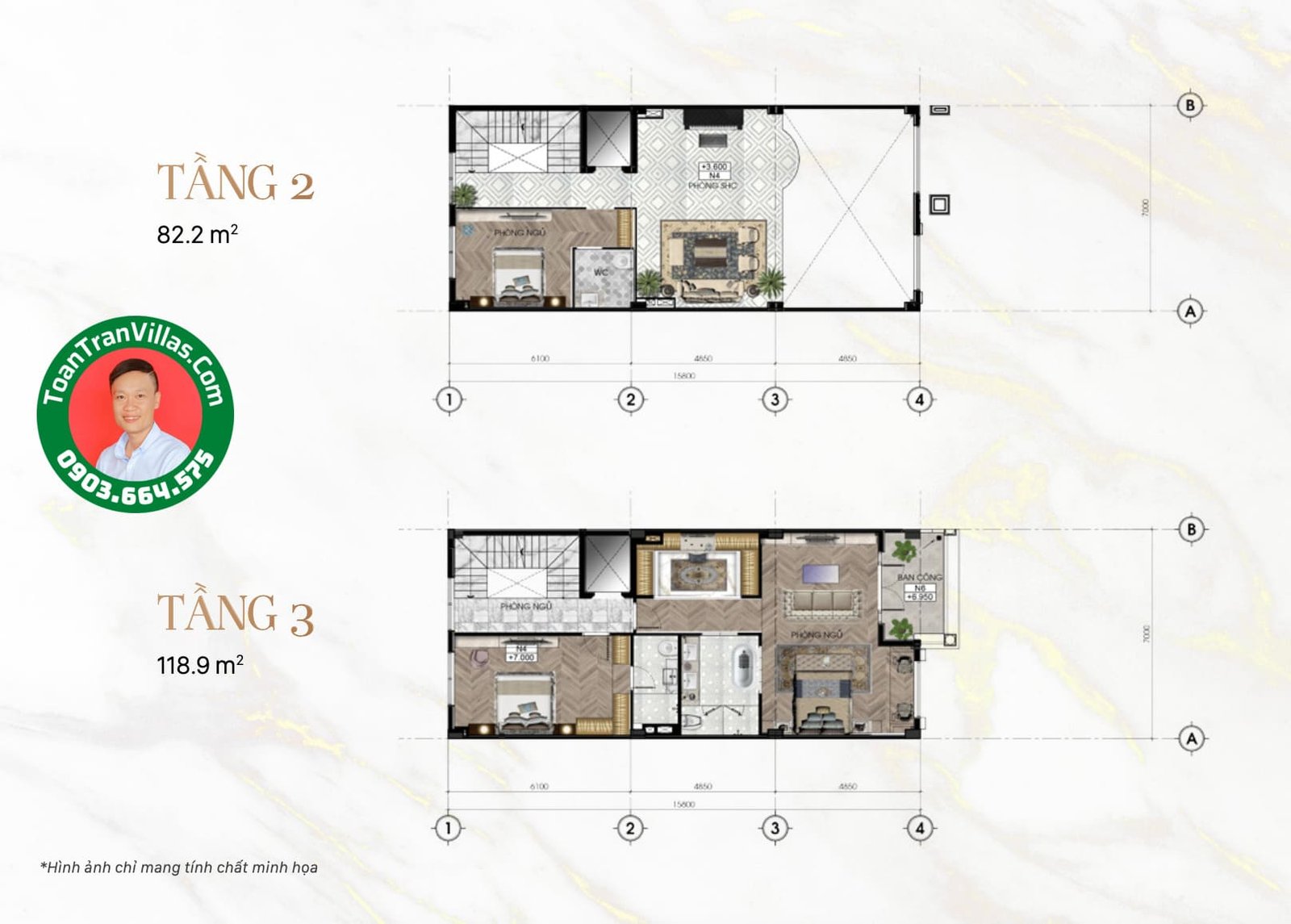 Mặt bằng tầng hai và tầng ba mẫu nhà Sunlake 7x23m