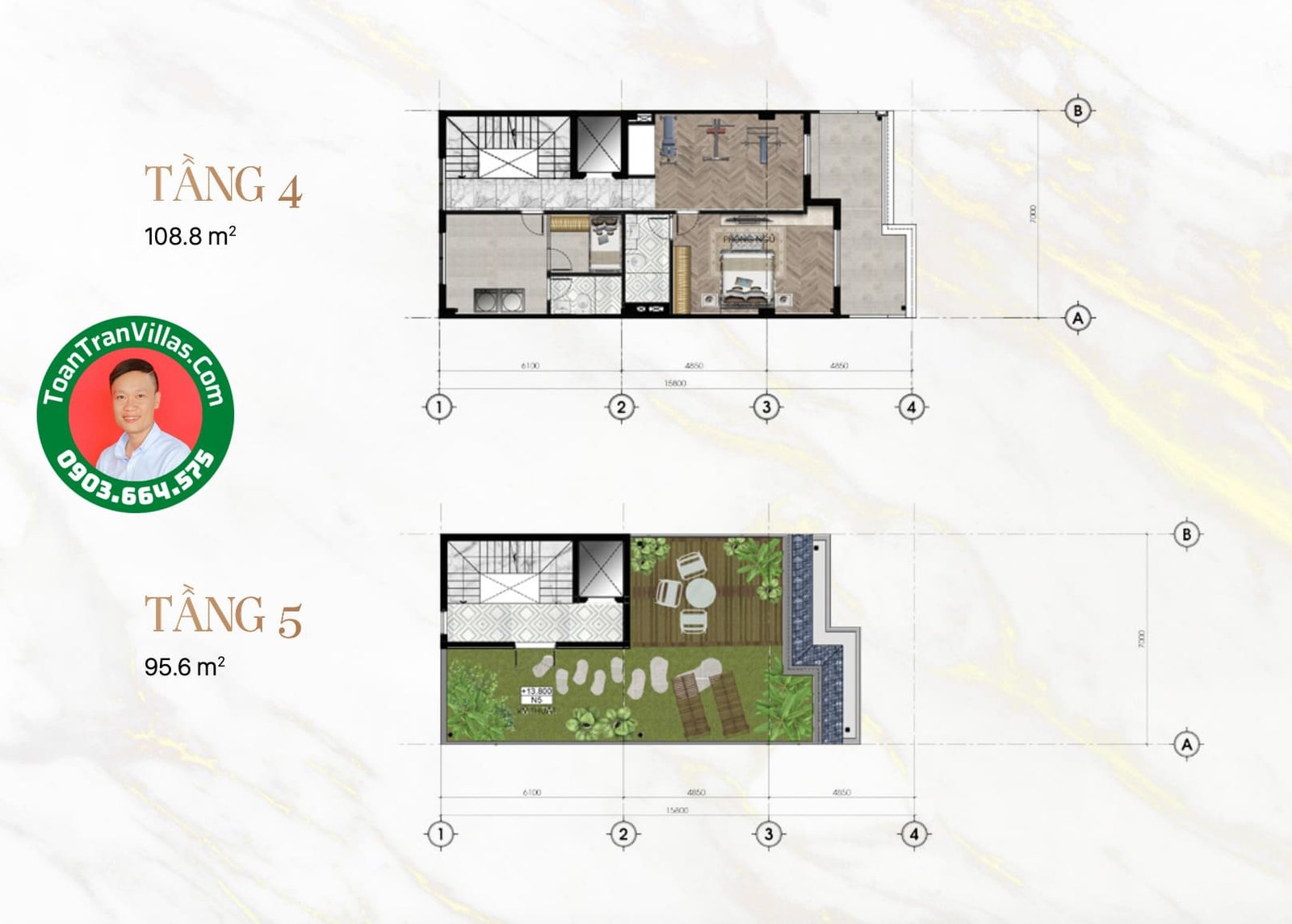 Mặt bằng tầng bốn và tầng năm mẫu nhà Sunlake 7x23m