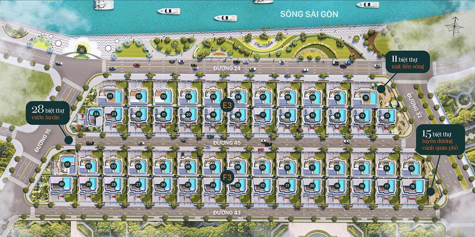 Mặt bằng tổng thể Jardin Villas: các block E3 và F3