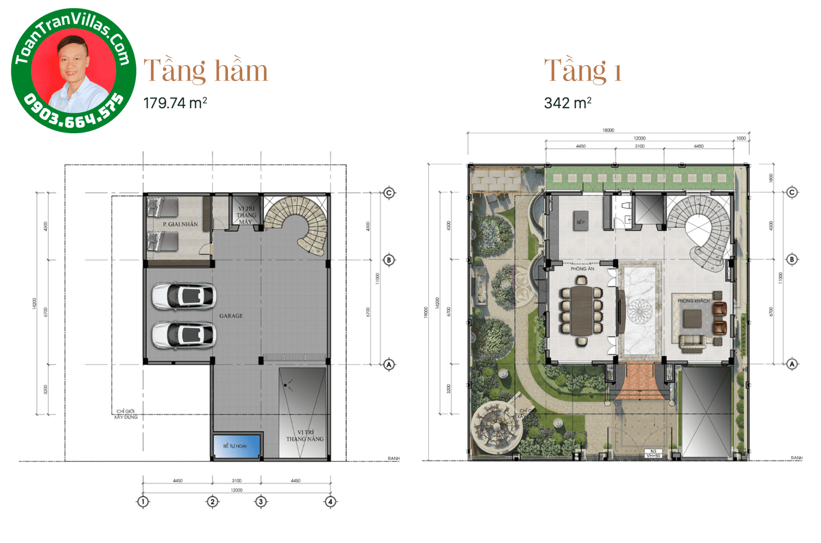 Mặt bằng tầng hầm và tầng một mẫu biệt thự Jardin