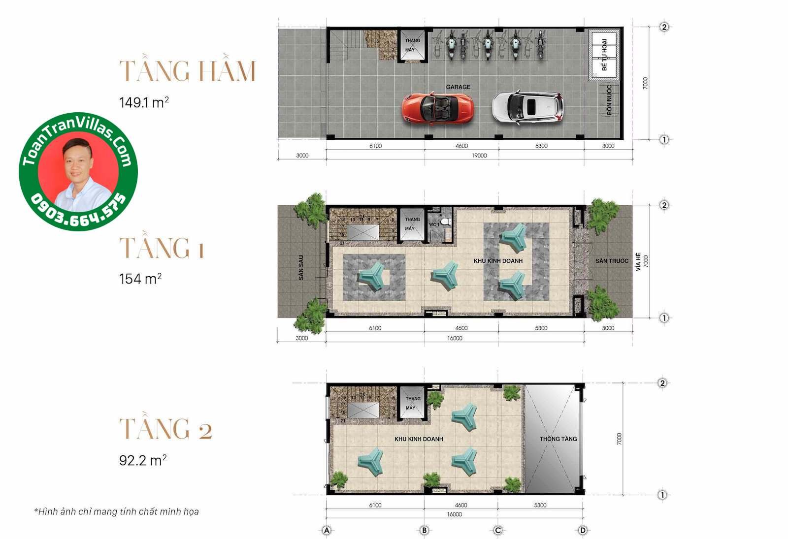 Bản vẽ tầng hầm, tầng một và tầng hai mẫu nhà Royal 7x22m