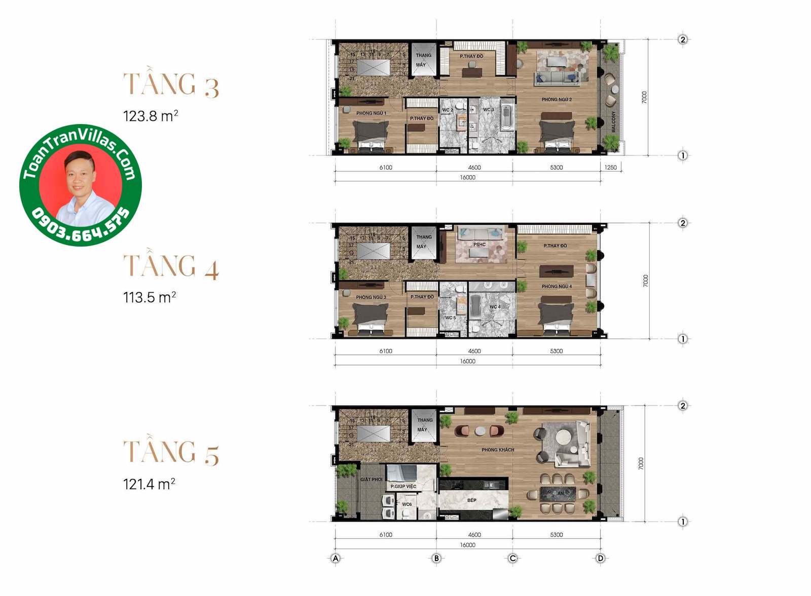 Bản vẽ tầng ba đến tầng năm mẫu nhà Royal 7x22m
