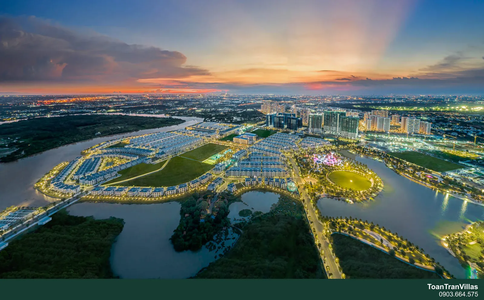 Toàn cảnh Vinhomes Grand Park nhìn từ trên cao, công viên, sông và khu thấp tầng