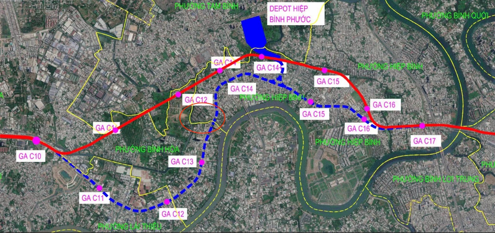 Bản đồ phương án 2 tuyến metro qua Quốc lộ 13, khoanh đỏ là vị trí Jamona Home Resort